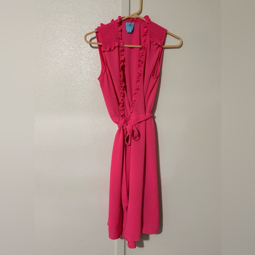 CeCe Cute Chic Bright Pink Ruffle Adjustable Waist Tie Midi Size Medium Dress